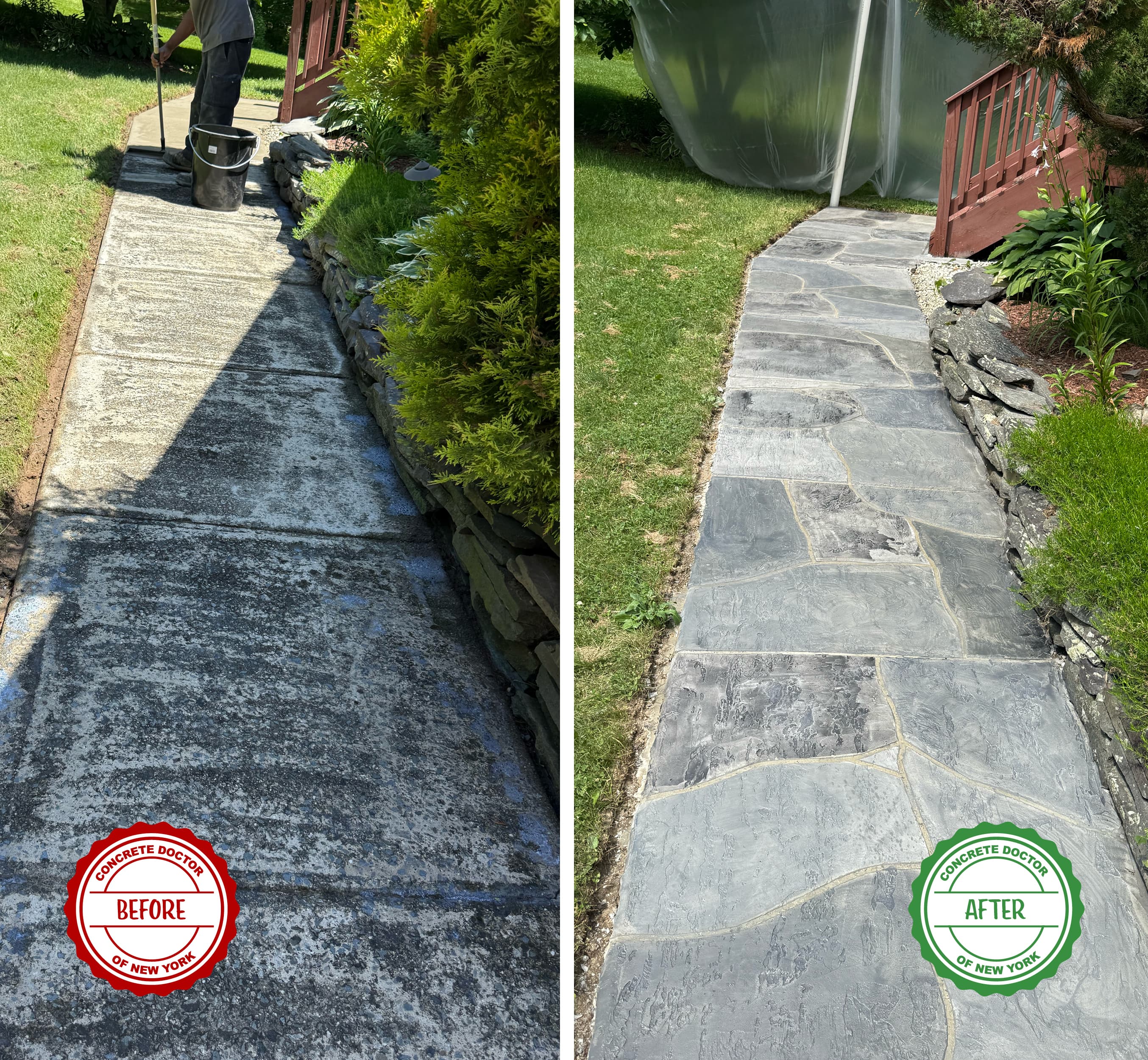 Finished stone-look concrete overlay walkway in Bloomingburg, NY