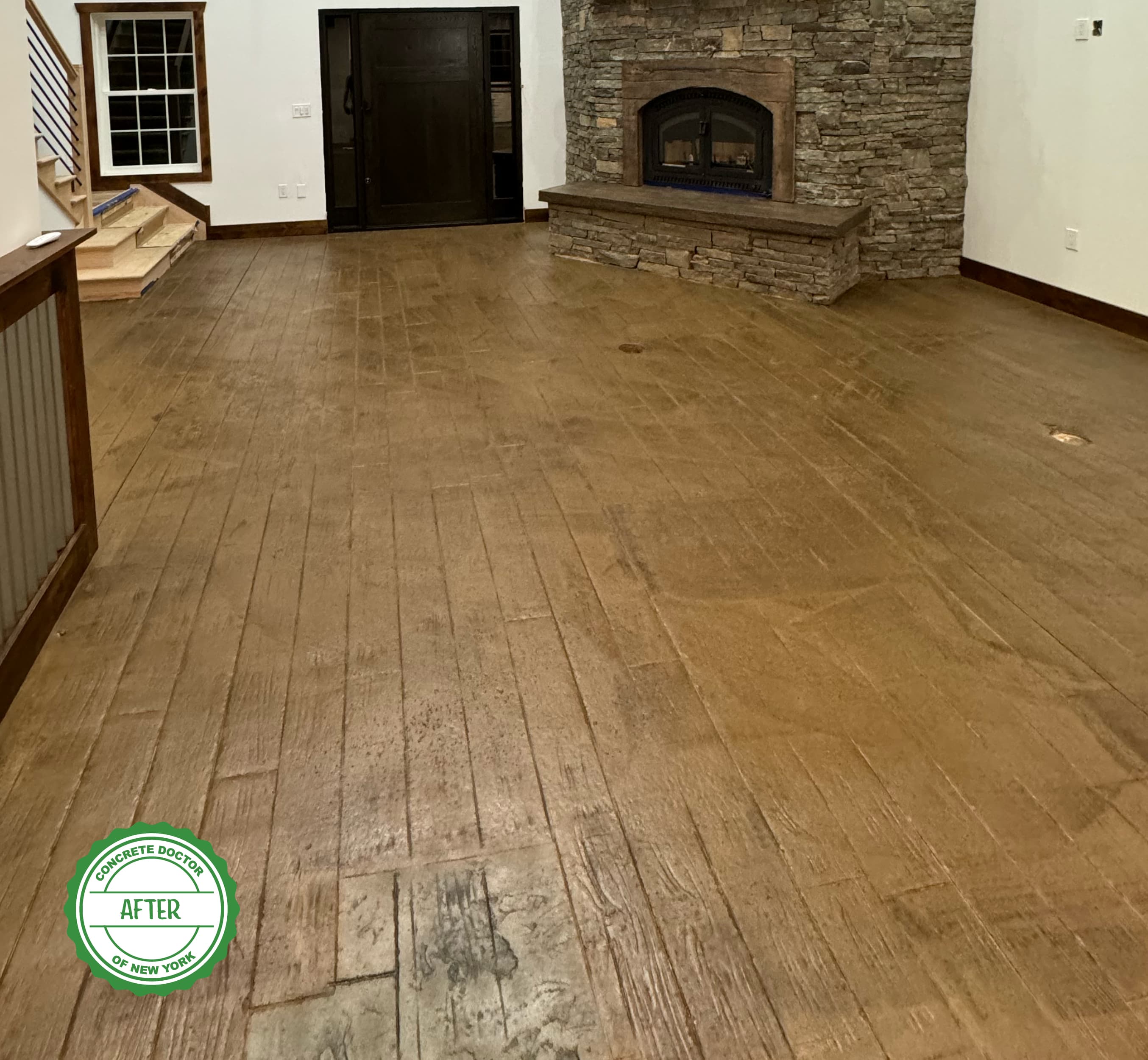 Finished stamped concrete kitchen and living room flooring in Pine Bush, NY