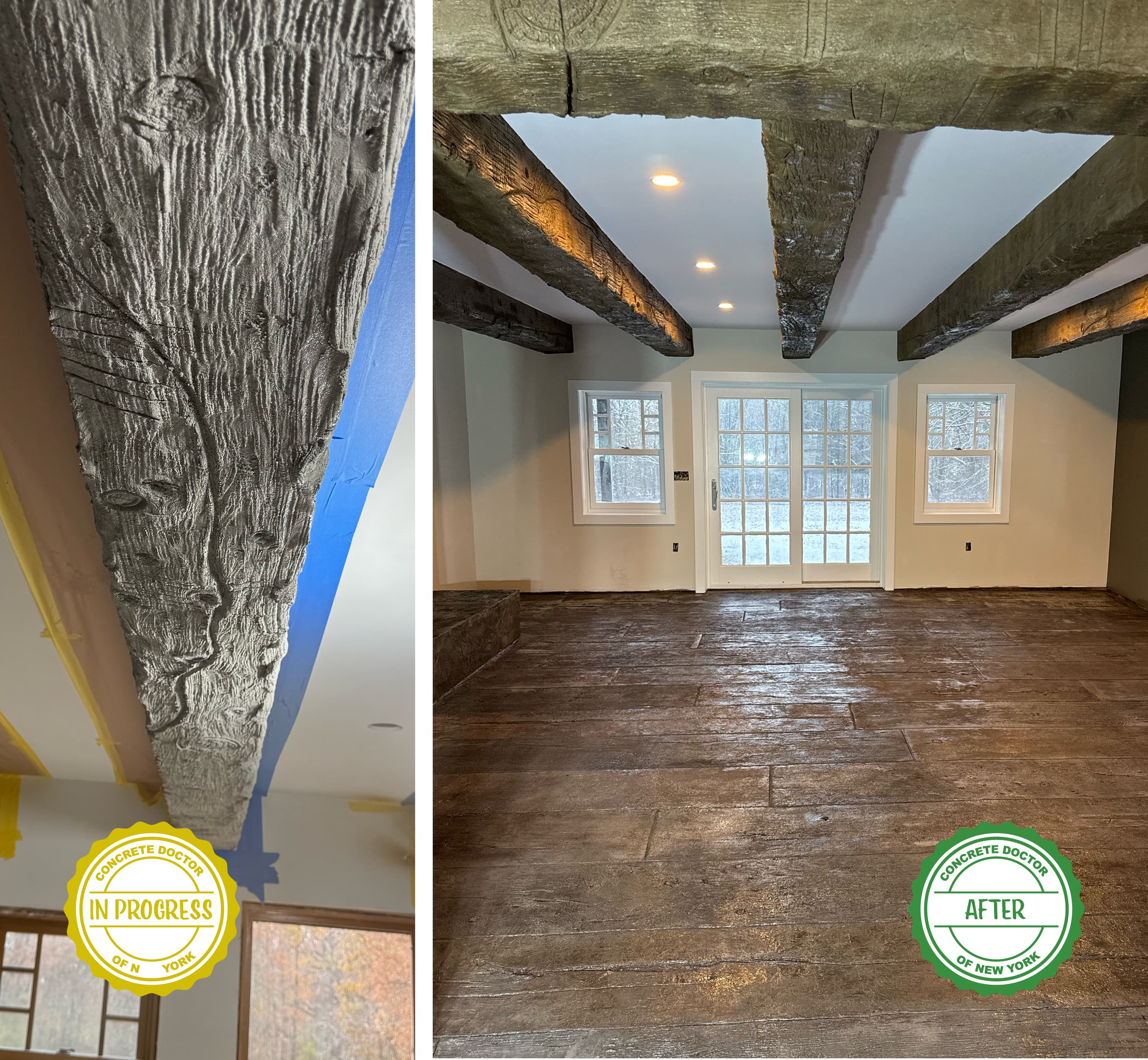 Concrete wood-beam ceiling detail and finished master bedroom in Goshen, NY