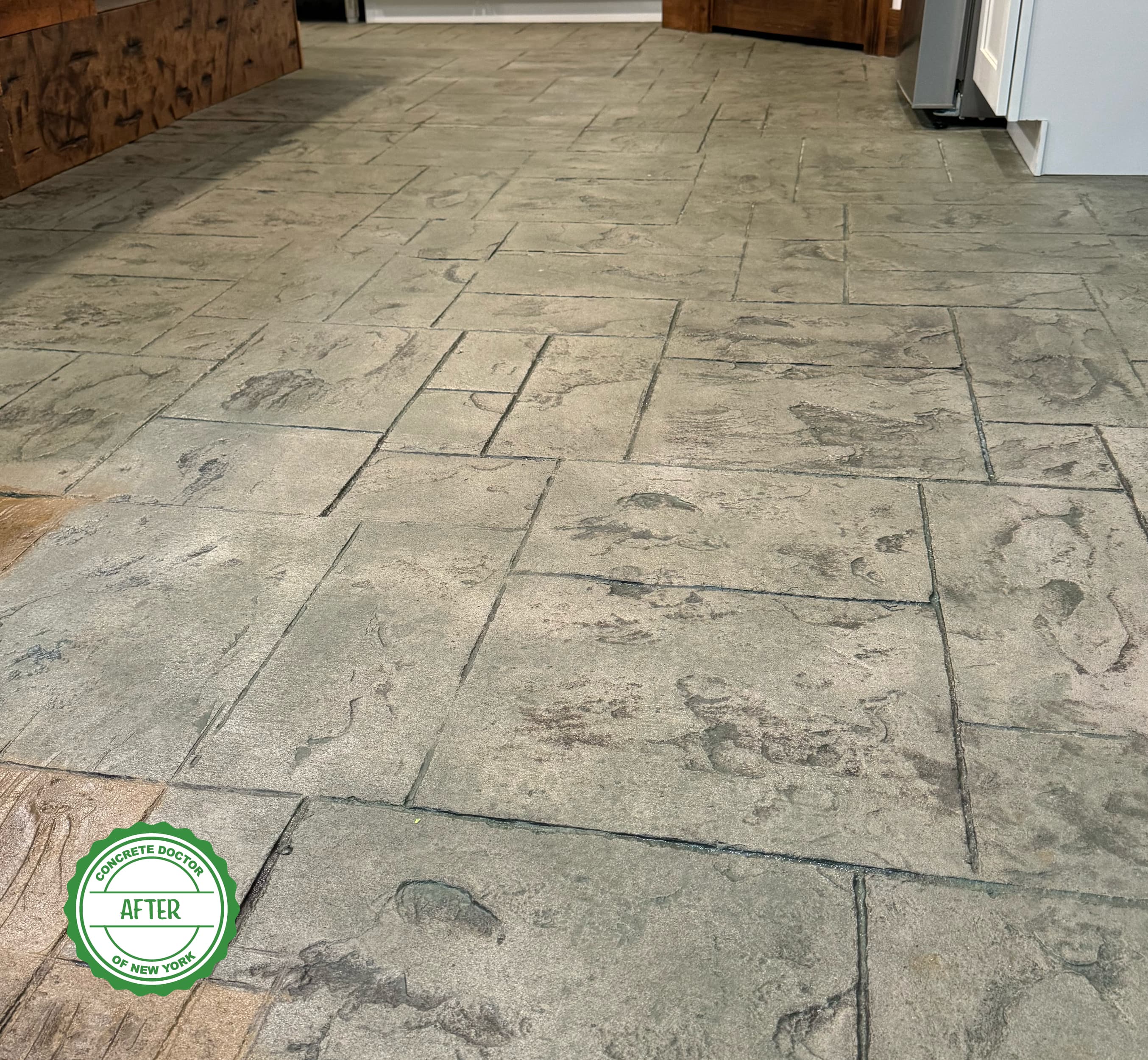 Stamped concrete living room flooring detail in Pine Bush, NY