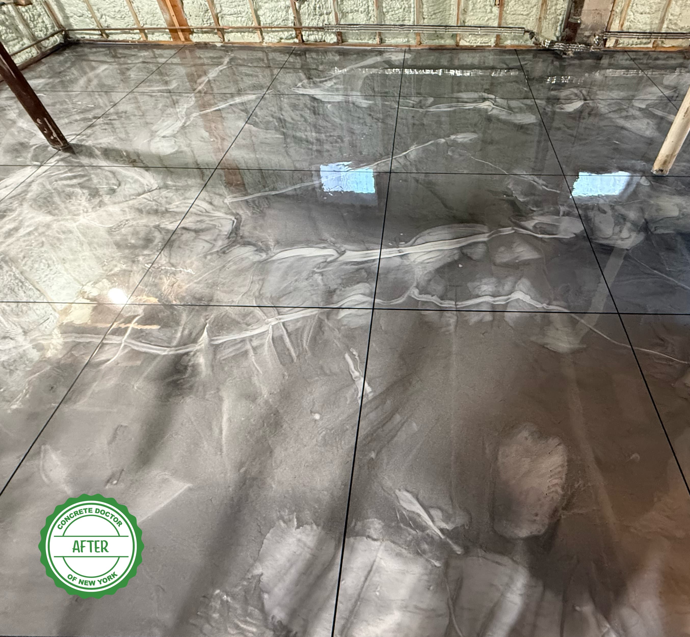Finished blue and gray epoxy basement floor in a Poughkeepsie, NY home
