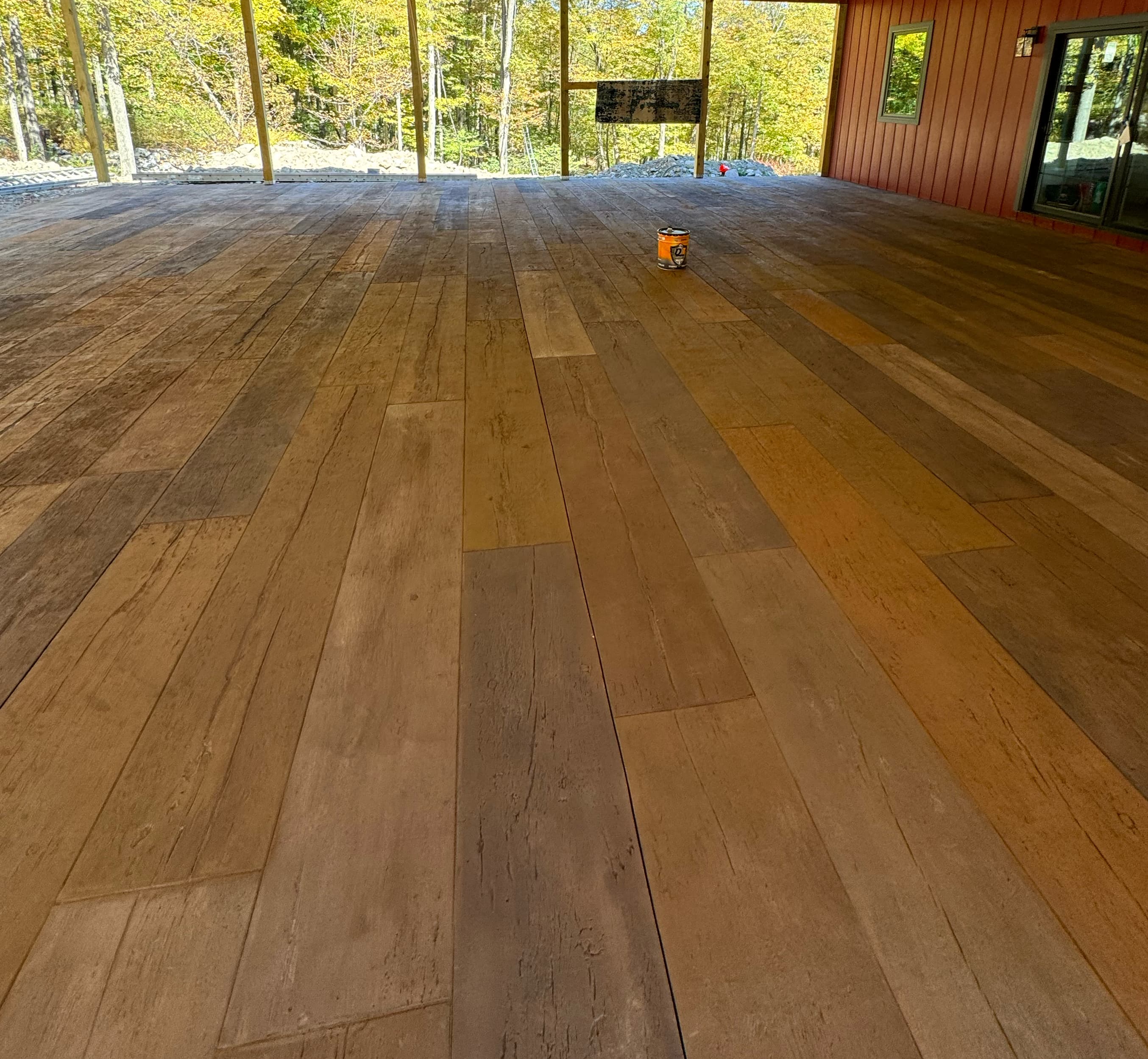 Wood plank stamped concrete patio detail in Pine Bush, NY