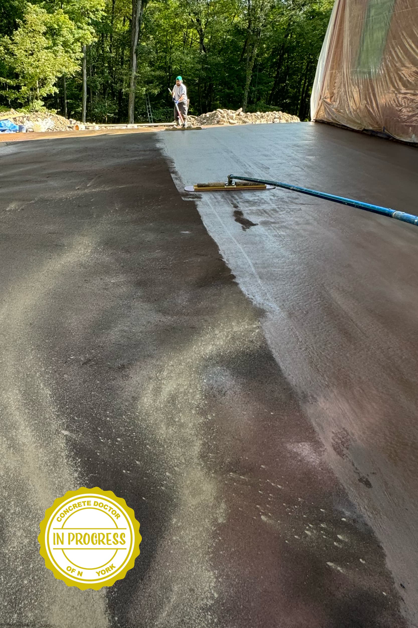 Finished 40x30 wood plank stamped concrete patio in Pine Bush, NY