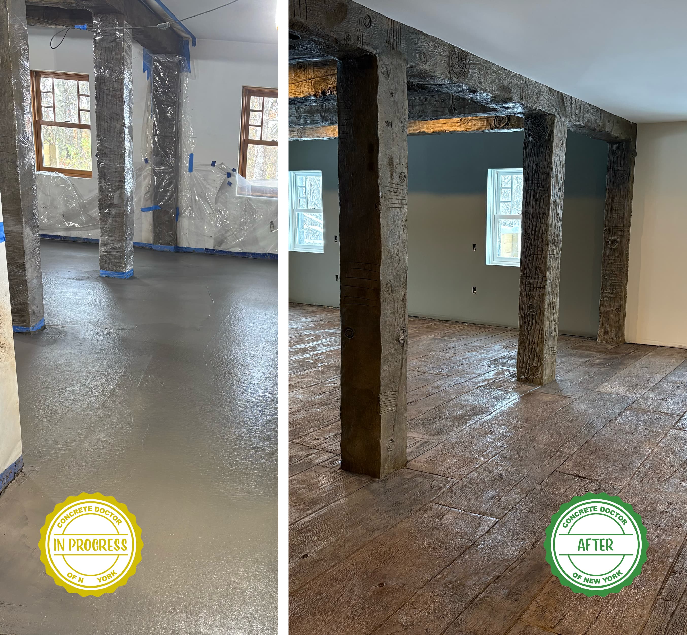 Before and after of custom concrete structural pillars and wood-look stamped floor in Goshen, NY