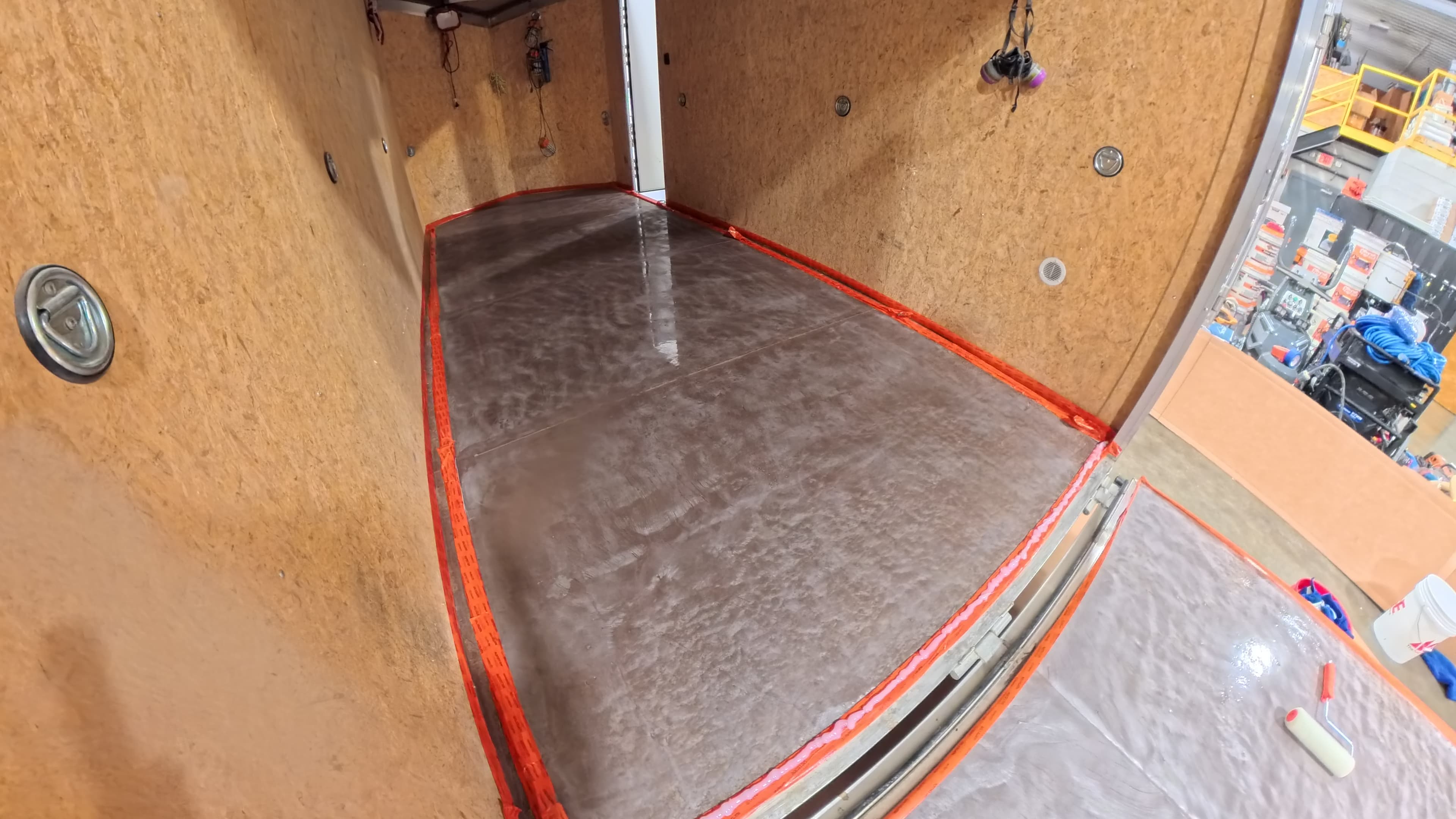 Sanded and sealed trailer floor before the custom epoxy colors in Bullville, NY